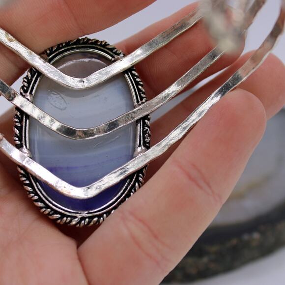 Sterling Silver Blue Agate Chevron Cuff Bracelet. - Picture 6 of 8